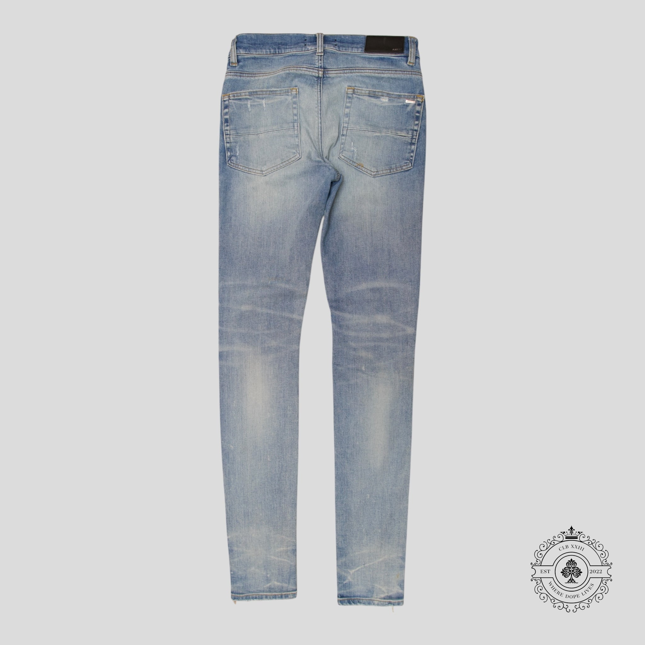 Amiri MX1 Leather Patch Jeans in Light Indigo